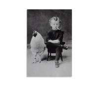 Poster décoratif sur toile rétro avec grand poulet blanc fumant un petit garçon - 20 x 30 cm