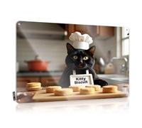 Poster Décoration murale de douche - Un chat noir portant une toque de chef est assis devant des biscuits fraîchement cuits au four. Zone douce mignonne décoration de style rétro pour dortoir (30 x 40