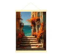 Poster d'escalier à suspendre - Art mural - Fleurs rustiques côtières - Balcons - Orange d'automne - Peinture murale pour la maison, la chambre à coucher, le salon - 30,5 x 40,6 cm