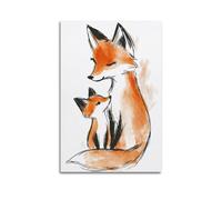 Poster d'illustration simple avec inscription Mother And Baby Fox - Art mural moderne sur toile - Décoration esthétique - 40 x 60 cm - Style sans cadre