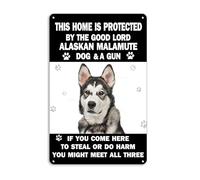Poster en fer « This Home is Protected by The Good Loard » de l'Alaska Malamute Dog & A Gun - Décoration murale vintage pour café, bar, pub, maison, bière, artisanat