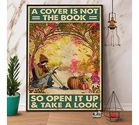 Poster en métal « A Cover is Not The Book » - Inscription « Girl Read Book » - Arbre d'automne - Décoration murale rétro - Pour pub, café, restaurant, cave, homme - 20,3 x 30,5 cm