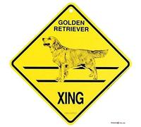 Poster en métal avec inscription « Golden Retriever Dog Xing Caution Crossing » - Cadeau pour intérieur et extérieur - 30,5 x 30,5 cm - Plaque carrée rétro vintage