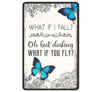 Poster en métal avec papillon bleu et fleur - Décoration murale motivante - What If I Fall - Décoration d'intérieur - Cadeau pour femme et fille - 20,3 x 30,5 cm