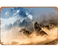 Poster en métal avec trio de loup et la lune - 30,5 x 20,3 cm