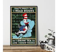 Poster en métal « Chat au chapeau » pour les amateurs de livres et de thé - Décoration murale - 20,3 x 30,5 cm