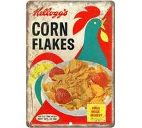 Poster en métal Shm Kellogg's Corn Flakes Boîte à céréales rétro Décoration murale Art shabby chic Cadeau 30,5 x 20,3 cm