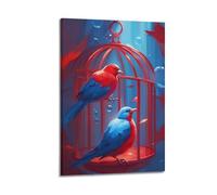 Poster fantaisie oiseaux contrastés art surréaliste bleu rouge harmonie mystique aviaire décoration sur toile pour chambre à coucher familiale 20 x 30 cm