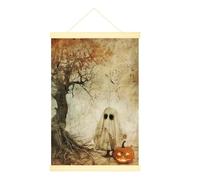 Poster fantôme à suspendre sur toile - Décoration murale d'Halloween effrayante citrouille arbre Halloween orange à suspendre avec cadre pour chambre à coucher, dortoir, bureau, salle de classe - 40,6