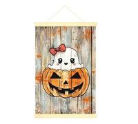 Poster fantôme à suspendre sur toile - Décoration murale d'Halloween - Nœud citrouille mignon - Orange - Poster d'Halloween à suspendre avec cadre pour chambre à coucher, dortoir, bureau, salle de