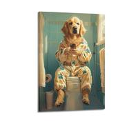 Poster Golden Retriever assis sur un téléphone - Impression sur toile avec cadre pour salon, chambre à coucher - 20 x 30 cm