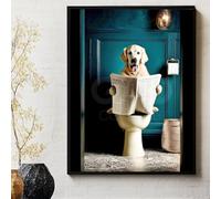 Poster Golden Retriever aux WC lisant son journal (Cadre Non Fourni) - Chien aux Toilettes - Décoration murale Drôle et insolite, Affiche humoristique - Artiste GAD | 7 formats (60x80 cm / 24x32")