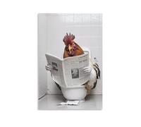 Poster humoristique avec motif de poulet assis sur les toilettes et lisant un journal - Pour salle de bain, salon, lit