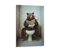 Poster humoristique avec ours assis sur les toilettes et lisant un journal - Décoration murale pour salle de bain, salon, chambre à coucher