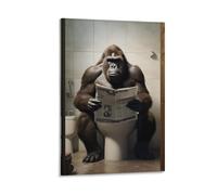 Poster humoristique sur toile représentant le gorille assis sur les toilettes et lisant un journal - Décoration pour chambre à coucher, bureau, chambre à coucher, cadeau (50 x 75 cm)
