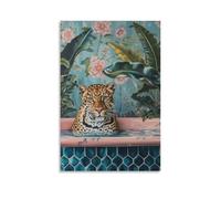 Poster imprimé léopard prenant un bain - Art mural éclectique pour salle de bain - Pastels colorés des années 80 - Poster vintage amusant - Poster sur toile pour décoration de chambre à coucher,