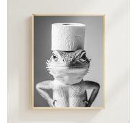 Poster lézard avec rouleau de papier toilette sur la tête, art mural ludique pour salle de bain, photos d'animaux vintage, imprimé lézard humoristique (sans cadre, 61 x 40 cm)