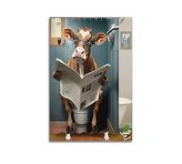 Poster Marvel sur toile représentant une vache décontractée avec toilettes, lunettes et journal - Décoration murale pour chambre à coucher - Moderne - 20 x 30 cm
