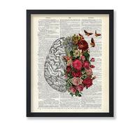 Poster Master Poster d'art de dictionnaire - Impression de cerveau fleuri - Art anatomique - Art floral - Art floral - Art papillon - Cadeau pour infirmière, médecin - Décoration florale pour