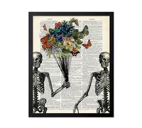 Poster Master Poster d'art de dictionnaire - Impression de couple de squelettes - Art de squelette - Art floral - Art papillon - Cadeau romantique pour lui, elle, amoureux - Décoration pour salon