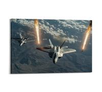 Poster militaire avec deux avions de combat en vol qui émettent des fusées éclairantes dans une scène réaliste et dynamique - Affiches murales décoratives sur toile pour chambre familiale (60 x 90 cm)