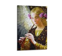 Poster moderne de famille sur toile pour décoration d'intérieur - Affiches religieuses Ange dans une tenue noire et dorée avec des fleurs roses dans les cheveux jouant d'une flûte - Impressions