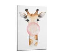 Poster moderne sur toile avec tête de girafe soufflant de bulles roses - 30 x 45 cm - Style cadre