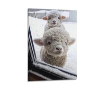 Poster moderne sur toile esthétique pour la maison - Poster animal deux petits moutons à l'extérieur de la fenêtre un jour enneigé plein de peinture d'ambiance mignonne et innocente 30 x 45 cm