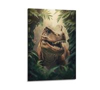 Poster moderne sur toile pour décoration murale - Affiche fantaisie T - Rex dans la jungle préhistorique et passionnante - 50 x 75 cm - Style cadre