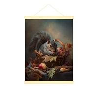Poster mural à suspendre sur toile d'écureuil - Motif panier rustique d'automne - Feuilles d'automne - Marron - 30,5 x 40,6 cm
