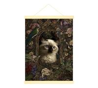 Poster mural à suspendre sur toile motif chat vintage botanique perroquet fleurs vertes poster mural à suspendre avec cadre pour la maison, la chambre à coucher, le salon 30,5 x 40,6 cm