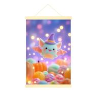 Poster mural à suspendre sur toile motif chauve-souris mignonne et fantaisie, citrouille, bonbons, Halloween, bleu pastel avec cadre pour décoration de salle de bain, cuisine, chambre à coucher, 50,8
