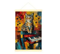 Poster mural abstrait moderne à suspendre avec motif de chat et notes de musique de piano jaune - 40,6 x 61 cm