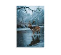 Poster mural artistique moderne à suspendre avec des branches de saule et de nouveaux bourgeons sur la rive - Motif cerf sika - 50 x 75 cm