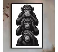 Poster mural avec cadre intérieur 3 singes de la sagesse « No See No Evil Hear No Evil Speak No Evil » Noir et blanc 40 x 60 cm