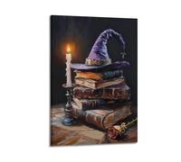 Poster mural avec chapeau de sorcière et livres antiques - Peinture magique aux chandelles pour l'école de sorcellerie ou la bibliothèque d'Halloween - 40 x 60 cm