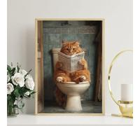 Poster mural avec chat amusant pour salle de bain, chat humoristique lisant un journal, décoration de toilettes unique, art mural de salle de bain (style cadre, 30 x 20 cm)