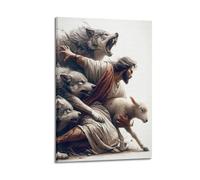 Poster mural chrétien Jésus protégeant l'agneau des loups - Œuvre d'art religieuse inspirante pour salon, chambre à coucher (20 x 30 cm)