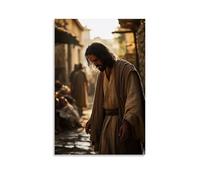 Poster mural contemporain à suspendre avec inscription « Jesus Standing Among The Sick in A Village Courtyard, His Hands Outstretched While Hope Radiates from His Compassionate Gaze. » Décoration