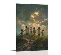Poster mural contemporain à suspendre sur une colline paisible - 30 x 45 cm - Motif : « On A Peaceful Hill Children Draw Radiant Cross In The Air with Their Hands, As Angels Gather to Witness in Awe