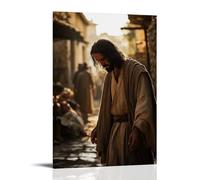 Poster mural contemporain avec inscription « Jesus Standing Among The Sick in A Village Courtyard, His Hands Outstretched While Hope Radiates from His Compassionate Gaze. » Décoration murale