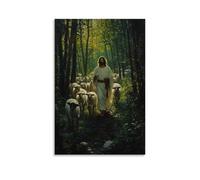 Poster mural décoratif moderne à suspendre avec inscription « In the Heart of A Forest Clearing, Jesus Leads A Group of Lambs While Piercing Eyes of Wolves Glimmer Just beyond the Trees » (30 x 45 cm)