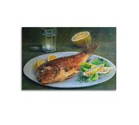 Poster mural décoratif sur toile Motif poisson de mer grillé entier avec citron et herbes 30 x 45 cm
