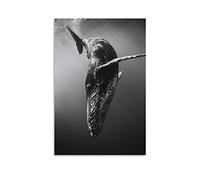 Poster mural en noir et blanc avec animaux de l'océan à bosse et baleine - Poster de paysage noir et blanc - Affiche de sport rétro - Sans cadre - Cadre en bois - Prêt à accrocher - 30,5 x 45,7 cm