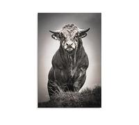 Poster mural en noir et blanc avec motif boeuf fort - Affiche de sport rétro - Cadre en bois - Prêt à accrocher - 40 x 60 cm