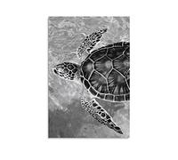 Poster mural en noir et blanc avec tortue de mer - Affiche de paysage rétro - Affiche de sport - Cadre en bois - Prêt à accrocher - 50 x 75 cm