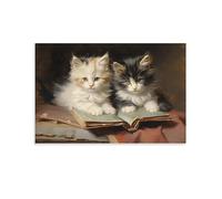 Poster mural en toile avec chat et livre - Décoration murale vintage - Motif chaton mignon - Décoration murale pour dortoir