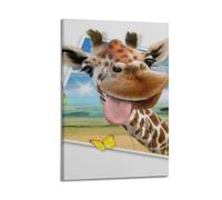 Poster mural esthétique sur toile avec motif girafe qui sort la langue avec un papillon - 30 x 45 cm - Style cadre