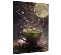 Poster mural fantaisie, tasse à thé, imprimé floral violet vert, décoration d'intérieur fantastique pour salon, chambre à coucher, cuisine, toile enveloppée 30,5 x 40,6 cm