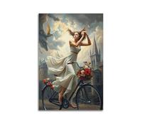 Poster mural moderne sur toile - Affiche de personnage « A Woman in A White Dress Riding A Bicycle Is Suitable for Promotion Littérary Activities Transmettre un sentiment de romance, de liberté et de